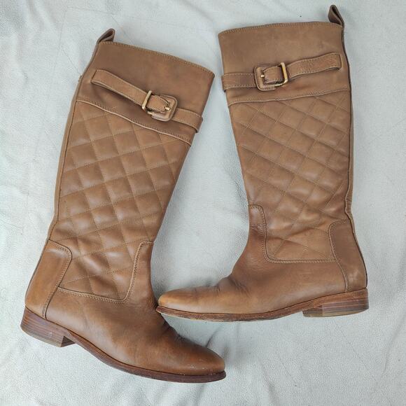 Burberry Quilted Leather Riding Boots Womens 38‎ 8 Tan Brown Preppy Western - Picture 1 of 10